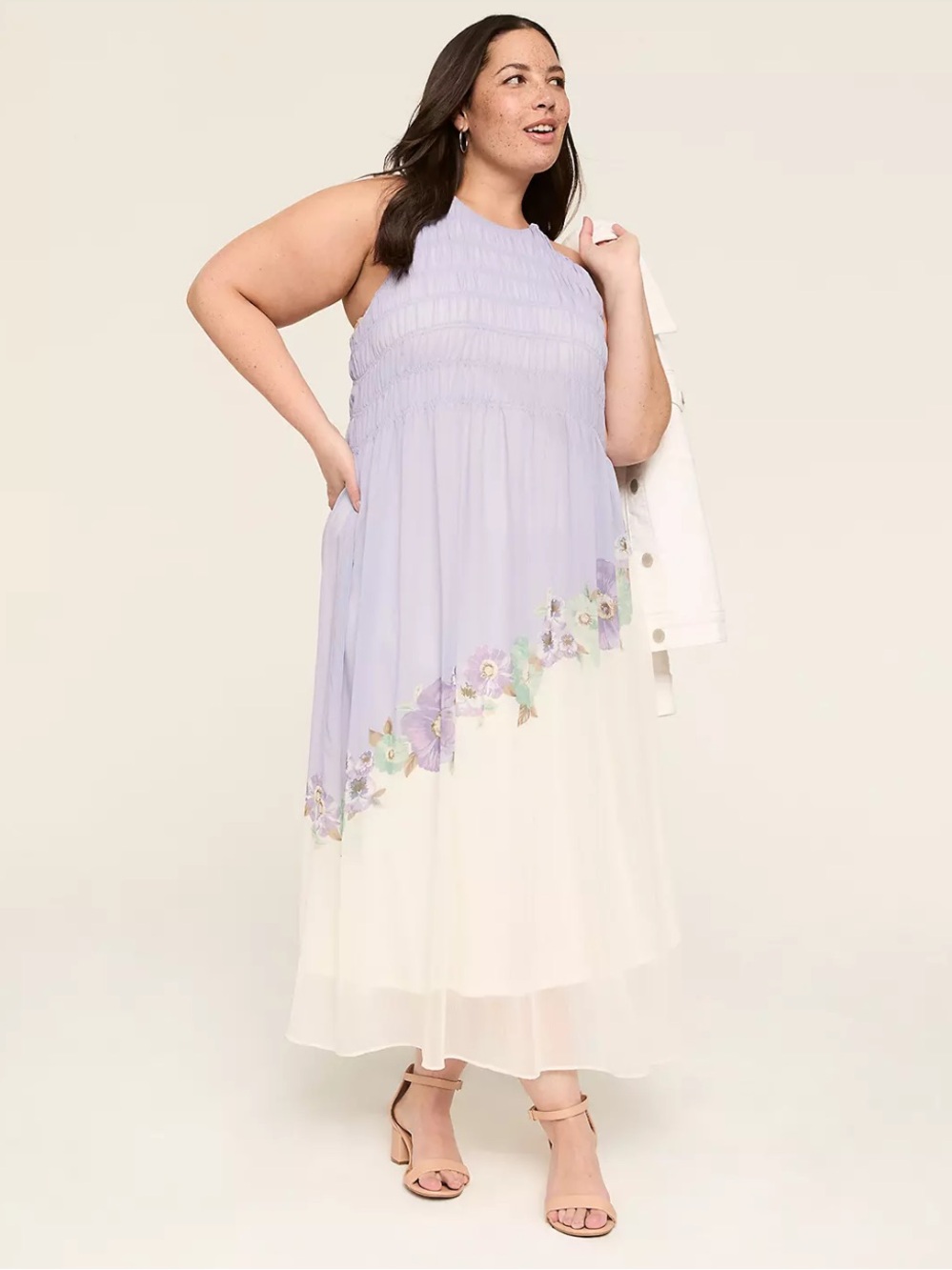 Lane Bryant Shirred-Bodice Maxi Sun Dress in Lilac Size 14/16 Resort floral
